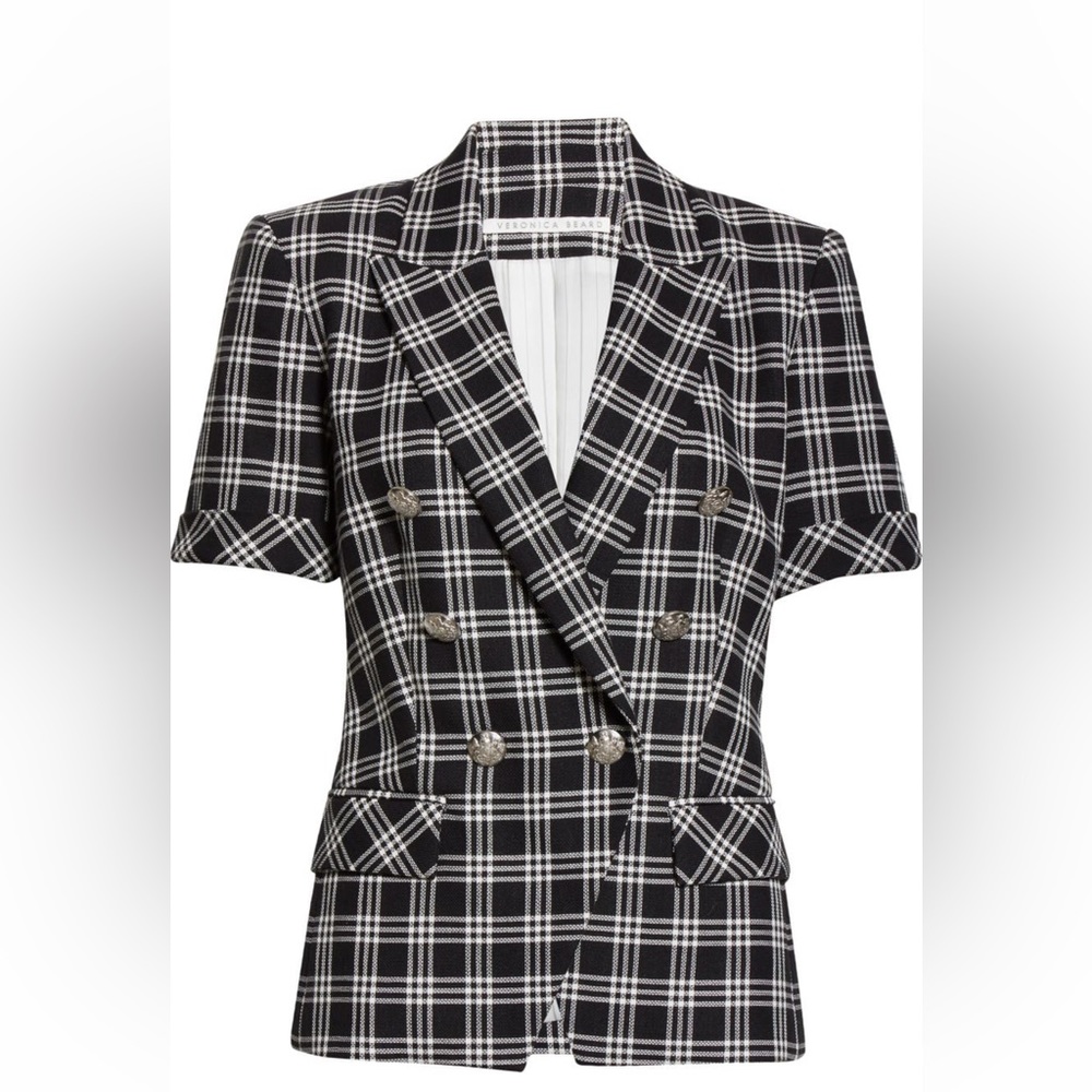 Veronica Beard short sleeve black/white blazer with silver buttons, Size 0
